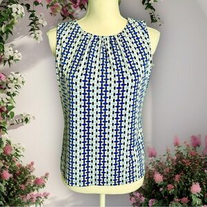 Calvin Klein Blue & White Geometric Shape Pleated-Neckline Sleeveless Top Sz MP